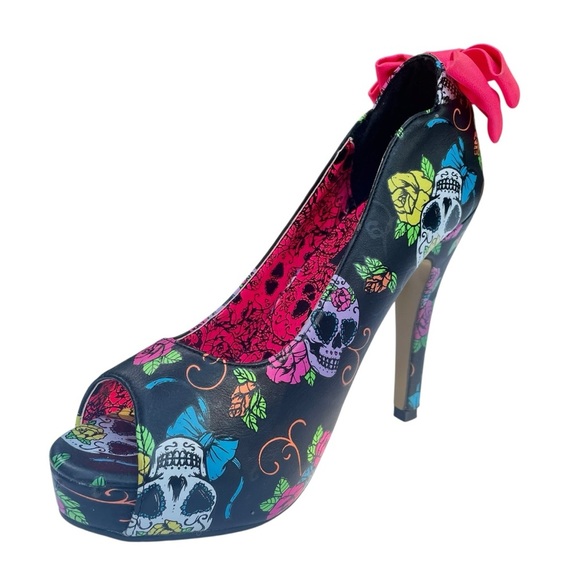 Iron Fist Pin Up Peep-Toe Heels US 6 Goth Witchy Rocker Pink Bow Mexican Skulls - Picture 9 of 16
